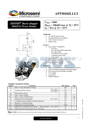 APT5010JLLU2 datasheet - ISOTOP Boost chopper MOSFET Power Module