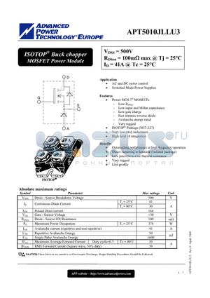 APT5010JLLU3 datasheet - ISOTOP Buck chopper MOSFET Power Module