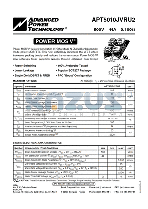 APT5010JVRU2 datasheet - Power MOS V is a new generation of high voltage N-Channel enhancement mode power MOSFETs.