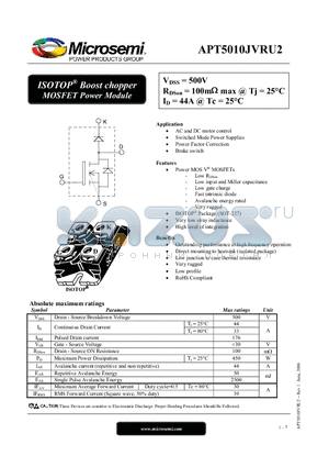APT5010JVRU2 datasheet - ISOTOP Boost chopper MOSFET Power Module