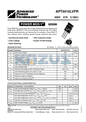 APT5010LVFR datasheet - Power MOS V is a new generation of high voltage N-Channel enhancement mode power MOSFETs.