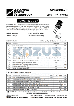 APT5010LVR datasheet - Power MOS V is a new generation of high voltage N-Channel enhancement mode power MOSFETs.