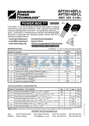 APT5014BFLL datasheet - Power MOS 7TM is a new generation of low loss, high voltage, N-Channel enhancement mode power MOSFETS.