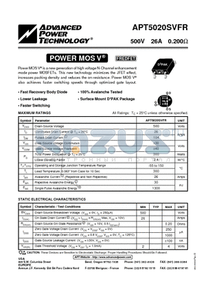 APT5020 datasheet - Power MOS V is a new generation of high voltage N-Channel enhancement mode power MOSFETs.