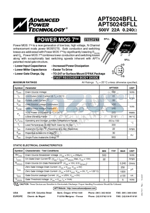 APT5024SFLL datasheet - Power MOS 7TM is a new generation of low loss, high voltage, N-Channel enhancement mode power MOSFETS.