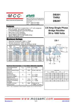 DB201 datasheet - 2.0 Amp Single Phase Bridge Rectifier 50 to 1000 Volts