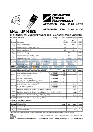 APT5025BN datasheet - N-CHANNEL ENHANCEMENT MODE HIGH VOLTAGE POWER MOSFETS