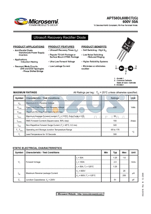 APT50DL60BCTG datasheet - Ultrasoft Recovery Rectifi er Diode