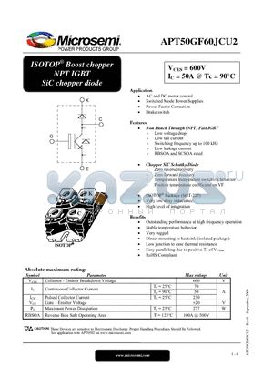 APT50GF60JCU2 datasheet - ISOTOP^ Boost chopper NPT IGBT SiC chopper diode