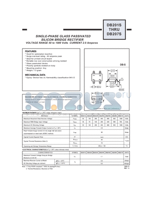 DB205S datasheet - SINGLE-PHASE GLASS PASSIVATED SILICON BRIDGE RECTIFIER VOLTAGE RANGE 50 to 1000 Volts CURRENT 2.0 Amperes