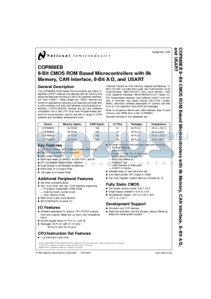 COP888EB datasheet - 8-Bit CMOS ROM Based Microcontrollers with 8k Memory, CAN Interface, 8-Bit A/D, and USART