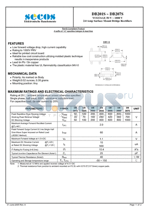 DB207S datasheet - 2.0 Amp Surface Mount Bridge Rectifiers