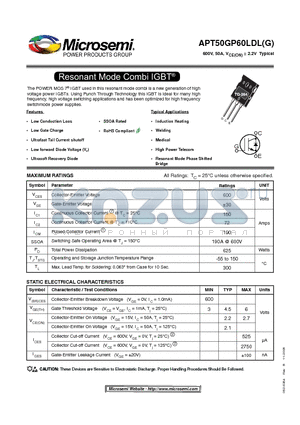 APT50GP60LDL datasheet - Resonant Mode Combi IGBT