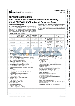 COP8CBE9 datasheet - 8-Bit CMOS Flash Microcontroller with 8k Memory, Virtual EEPROM, 10-Bit A/D and Brownout Reset