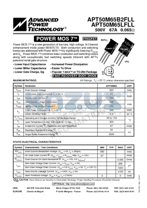 APT50M65 datasheet - Power MOS 7TM is a new generation of low loss, high voltage, N-Channel enhancement mode power MOSFETS