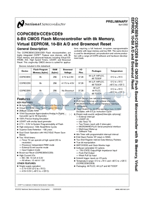 COP8CCE9HVA9 datasheet - 8-Bit CMOS Flash Microcontroller with 8k Memory, Virtual EEPROM, 10-Bit A/D and Brownout Reset