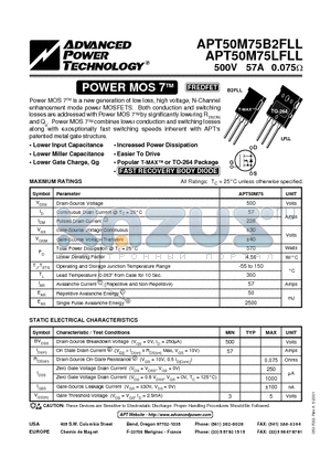 APT50M75B2FLL datasheet - Power MOS 7TM is a new generation of low loss, high voltage, N-Channel enhancement mode power MOSFETS.