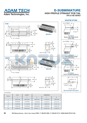 DB25-PE-1 datasheet - D-SUBMINIATURE HIGH PROFILE STRAIGHT PCB TAIL