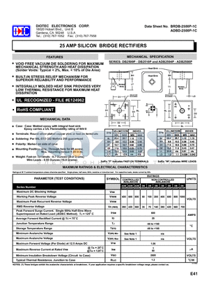 DB2500P datasheet - 25 AMP SILICON  BRIDGE RECTIFIERS