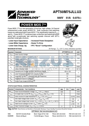 APT50M75JLLU2 datasheet - Power MOS 7TM is a new generation of low loss, high voltage, N-Channel enhancement mode power MOSFETS.