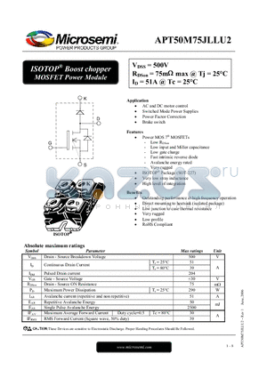 APT50M75JLLU2 datasheet - Boost chopper MOSFET Power Module