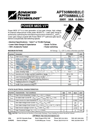APT50M80B2LC datasheet - Power MOS VITM is a new generation of low gate charge, high voltage N-Channel enhancement mode power MOSFETs.