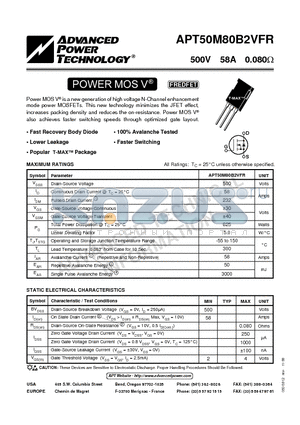 APT50M80B2VFR datasheet - Power MOS V is a new generation of high voltage N-Channel enhancement mode power MOSFETs.