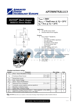 APT50M75JLLU3 datasheet - ISOTOP Buck chopper MOSFET Power Module