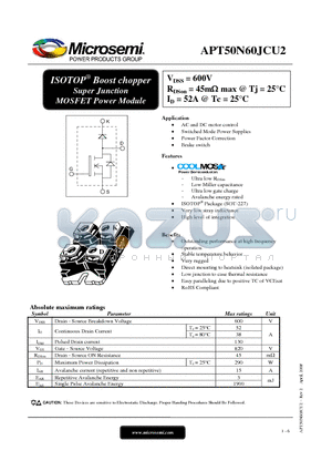 APT50N60JCU2 datasheet - ISOTOP^ Boost chopper Super Junction MOSFET Power Module