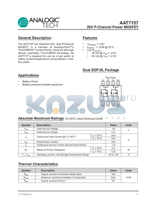 AAT7157 datasheet - 20V P-Channel Power MOSFET