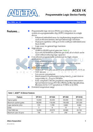 EP1K30TC144-3N datasheet - Programmable Logic Device Family