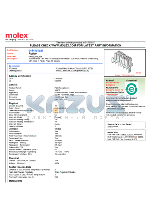 44475-1021 datasheet - 4.20mm Pitch Mini-Fit^ HCS Receptacle Header, Dual Row, Vertical, Blind Mating, with Snap-in Plastic Pegs, 10 Circuits