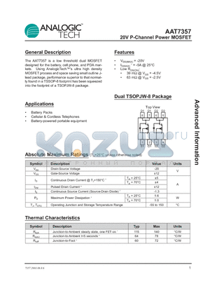 AAT7357ITS-T1 datasheet - 20V P-Channel Power MOSFET