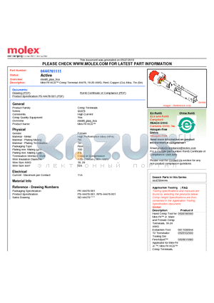 44476-1111 datasheet - Mini-Fit HCS Crimp Terminal 44476, 18-20 AWG, Reel, Copper (Cu) Alloy, Tin (Sn)