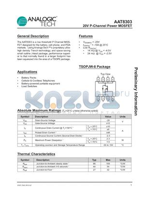 AAT8303 datasheet - 20V P-Channel Power MOSFET