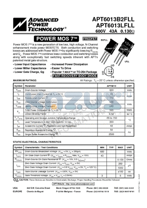 APT6013LFLL datasheet - Power MOS 7TM is a new generation of low loss, high voltage, N-Channel enhancement mode power MOSFETS.
