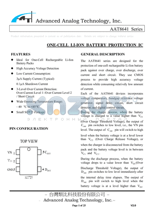 AAT8641 datasheet - ONE-CELL LI-ION BATTERY PROTECTION IC
