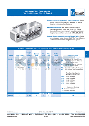 240-03119SP datasheet - Micro-D Filter Connectors Vertical Printed Circuit Board