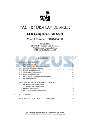 320240-C57 datasheet - 320 x 240 Dot CSTN Color Graphic LCD Assembly With Row and Column Drivers CCFL Lit Backlight Assembly