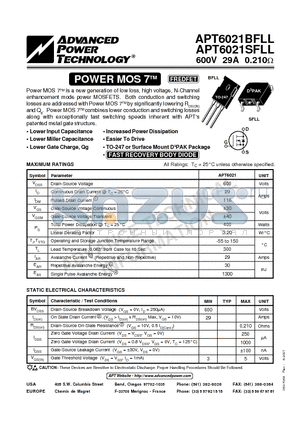 APT6021BFLL datasheet - Power MOS 7TM is a new generation of low loss, high voltage, N-Channel enhancement mode power MOSFETS.