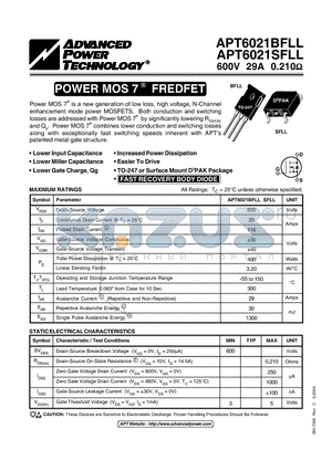 APT6021BFLL datasheet - Power MOS 7TM is a new generation of low loss, high voltage, N-Channel enhancement mode power MOSFETS.
