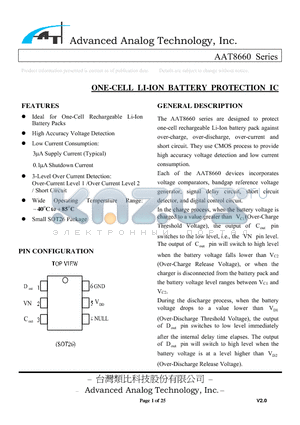 AAT8660 datasheet - ONE-CELL LI-ION BATTERY PROTECTION IC