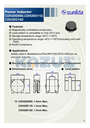 CDH20D11D datasheet - Power Inductor Magnetically unshielded construction