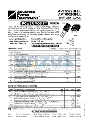 APT6029BFLL datasheet - Power MOS 7TM is a new generation of low loss, high voltage, N-Channel enhancement mode power MOSFETS.