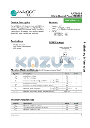 AAT9055INY-T1 datasheet - 30V N-Channel Power MOSFET