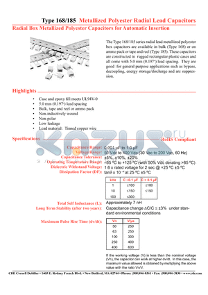 168102K400A-F datasheet - Type 168/185 Metallized Polyester Radial Lead Capacitors