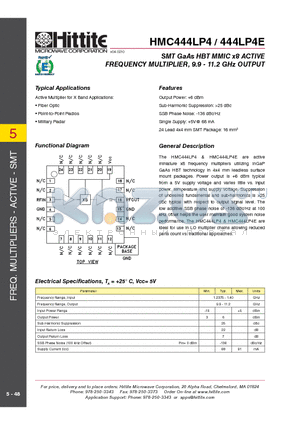 444LP4E datasheet - SMT GaAs HBT MMIC x8 ACTIVE FREQUENCY MULTIPLIER, 9.9 - 11.2 GHz OUTPUT