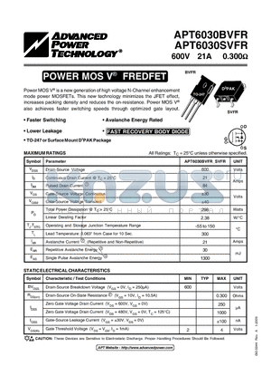 APT6030SVFR datasheet - Power MOS V is a new generation of high voltage N-Channel enhancement mode power MOSFETs.