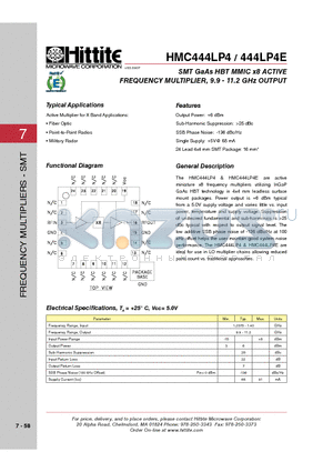 444LP4E datasheet - SMT GaAs HBT MMIC x8 ACTIVE FREQUENCY MULTIPLIER, 9.9 - 11.2 GHz OUTPUT