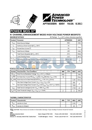 APT6035 datasheet - N-CHANNEL ENHANCEMENT MODE HIGH VOLTAGE POWER MOSFETS